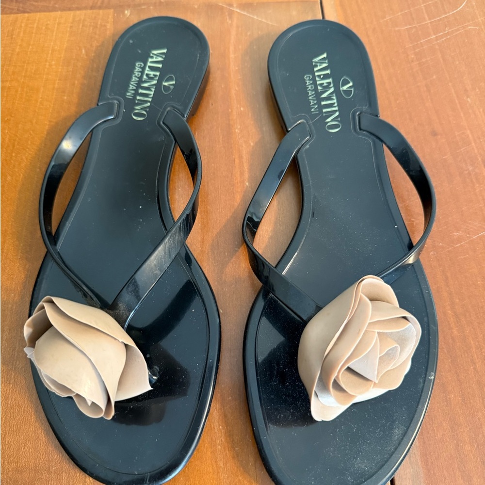 Valentino Women's Black Sandals with Tan Floral Accent